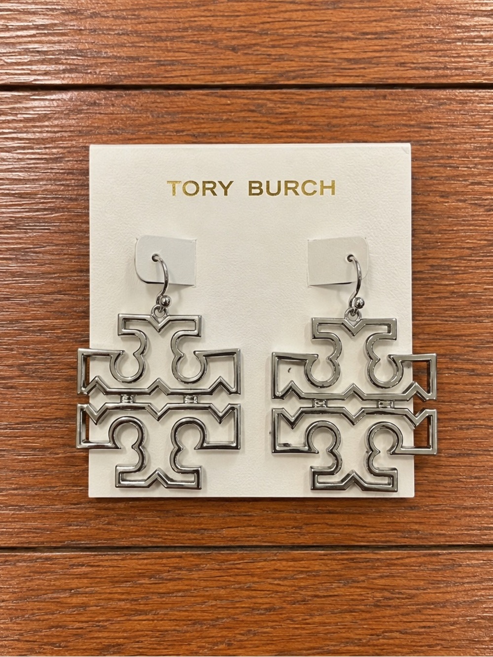 Tory Burch Silver Britten Logo Drop Earrings - Openwork Metallic Motif